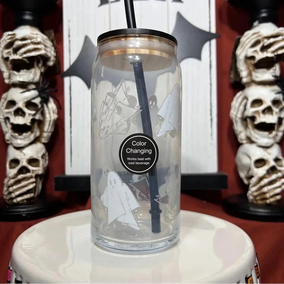 HTF Cold Color Changing Halloween Glass White Ghost Tumblers With Straw x2 - Picture 2 of 12